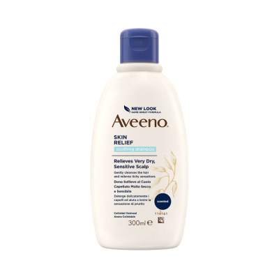 Frasco de shampoo Aveeno Skin Relief com tampa azul e texto em inglês
