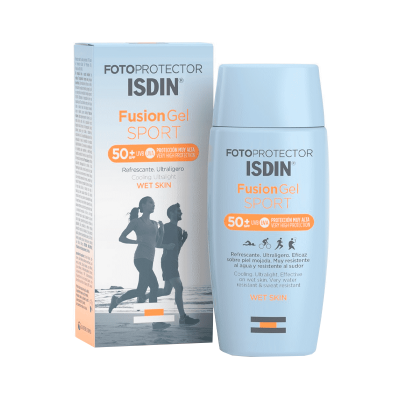 Fotoprotetor ISDIN Fusion Gel Sport SPF 50+ embalagem azul claro com imagem de corredores
