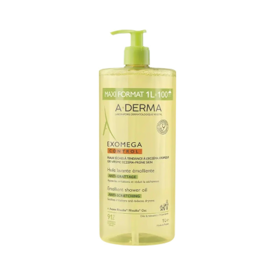 Frasco amarelo de óleo de duche A-DERMA com dispensador verde
