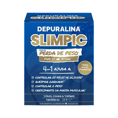 Embalagem azul do suplemento alimentar DEPURALINA SLIMPIC com texto sobre perda de peso e benefícios