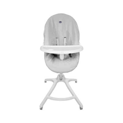 Cadeira alta para bebé Chicco cinzenta com bandeja branca e estrutura branca sobre fundo branco