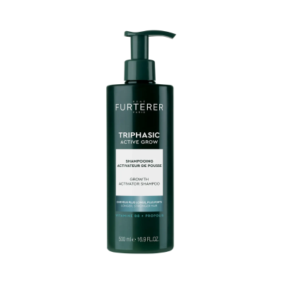 Frasco verde escuro de shampoo René Furterer Triphasic Active Grow