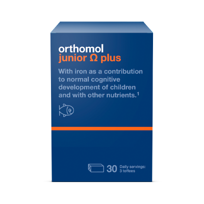 Embalagem azul do suplemento Orthomol junior Omega plus para crianças