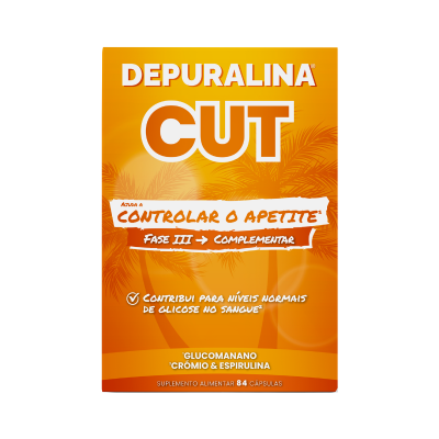 Embalagem de suplemento alimentar laranja Depuralina Cut com texto e palmeiras