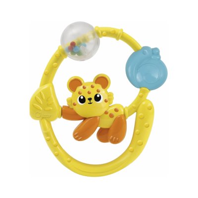 Brinquedo para bebé amarelo com leão, caracol azul e esfera transparente com bolas coloridas