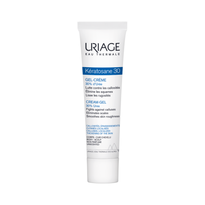 Frasco de creme-gel Uriage Kératosane 30 branco com texto azul e preto
