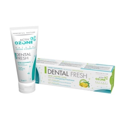 Pasta dentífrica activ ozone natural dental fresh com embalagem branca e verde