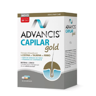 Embalagem de suplemento Advancis Capilar Gold com texto e ilustração de folículo capilar.