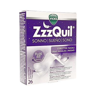 Embalagem roxa e branca de tiritas nasais ZzzQuil com texto explicativo