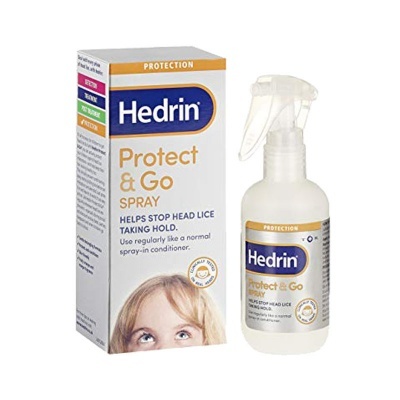 Spray Hedrin Protect & Go contra piolhos com embalagem branca e detalhes em azul e laranja