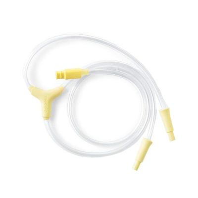 Tubo de silicone transparente com ligações amarelas e texto medela num conector