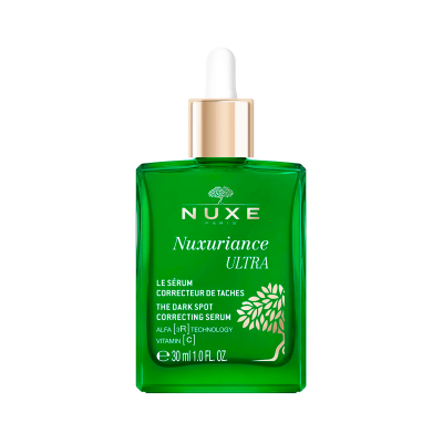 Frasco verde de sérum NUXE Nuxuriance ULTRA com conta-gotas e texto visível