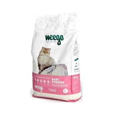 Pacote de areia para gatos Weego branco e rosa com imagem de gato e texto