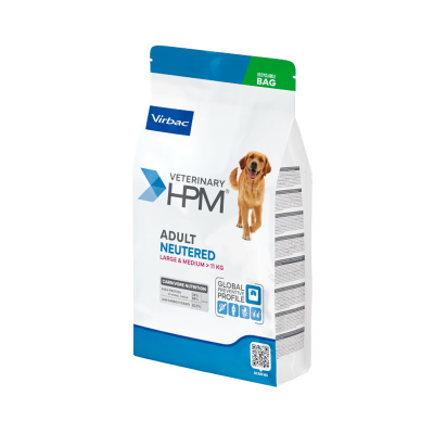 Saco branco e azul de ração para cães Virbac Veterinary HPM Adult Neutered com imagem de cão
