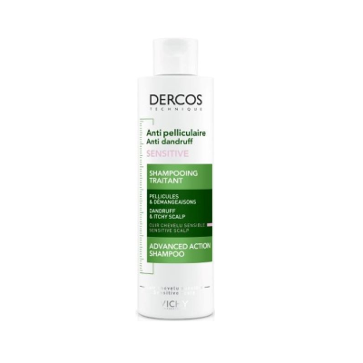 Champô Dercos Technique anti caspa para couro cabeludo sensível com rótulo verde e branco