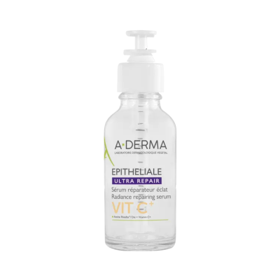 Frasco transparentede sérum A-DERMA EPITHELIALE ULTRA REPAIR VIT C+