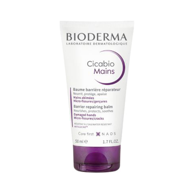 Frasco branco e roxo de creme para mãos Bioderma Cicabio Mains