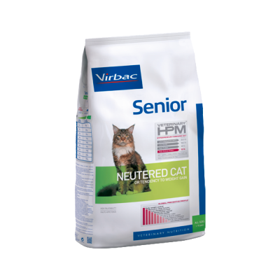 Saco de ração Virbac Senior para gato castrado com imagem e texto