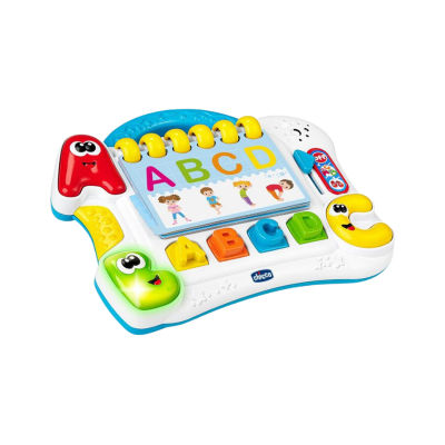 Brinquedo educativo infantil com letras coloridas e páginas giratórias