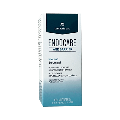 Embalagem sérum gel Endocare Age Barrier azul e branca