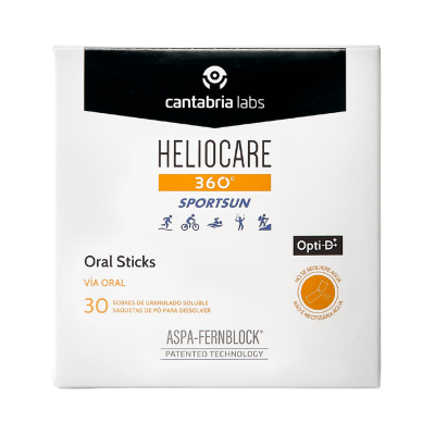 Embalagem branca do Heliocare 360° Sportsun Oral Sticks com 30 sobres