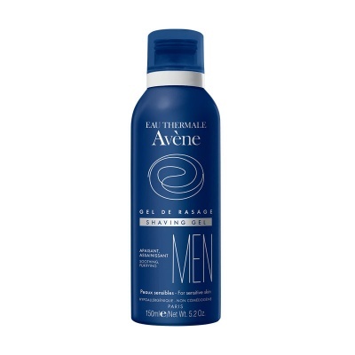 Frasco azul de gel de barbear Avène Men com texto branco
