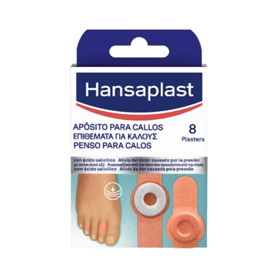 Embalagem de pensos para calos Hansaplast com 8 unidades e descrição em várias línguas