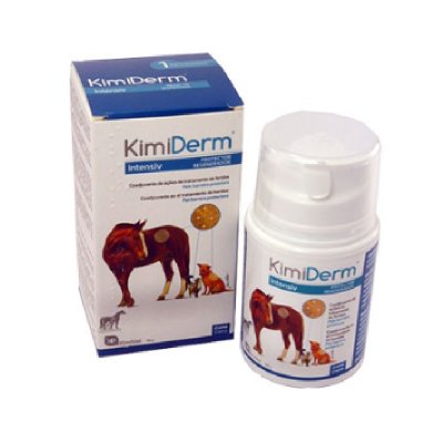 Produto KimiDerm Intensiv para animais com embalagem branca e ilustrações de cão e gato