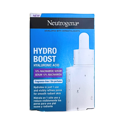 Embalagem azul e branca de sérum Neutrogena Hydro Boost com ácido hialurónico e 10% niacinamida