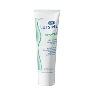 Tubo branco de creme LUTSINE E45 eryplast com texto azul e verde