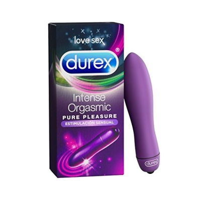Vibrador roxo Durex Intense Orgasmic com embalagem colorida com texto