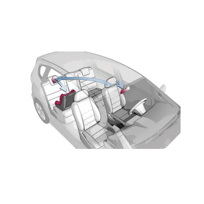 Interior de carro cinzento com assento de bebé vermelho e preto no banco traseiro e setas azuis de fluxo de ar
