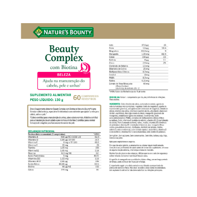 Caixa e rótulo de suplemento alimentar Beauty Complex com Biotina Natures Bounty