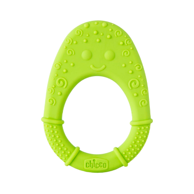 Mordedor silicone verde com textura e rosto sorridente marca chicco