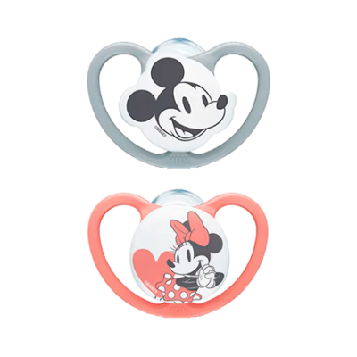 Duas chuchas para bebé com imagens do Mickey e Minnie Mouse
