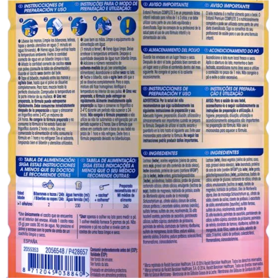 Etiqueta detalhada com instruções e informações nutricionais para fórmula infantil em embalagem azul e laranja