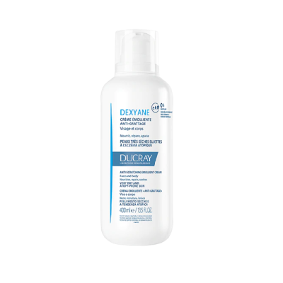 Frasco branco de creme emoliente Ducray para rosto e corpo