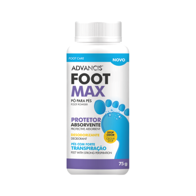 Frasco de pó para pés ADVANCIS FOOT MAX com rótulo azul e roxo