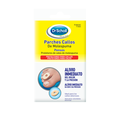 Embalagem de parches de espuma Dr. Scholl's para calos com cartão amarelo e branco