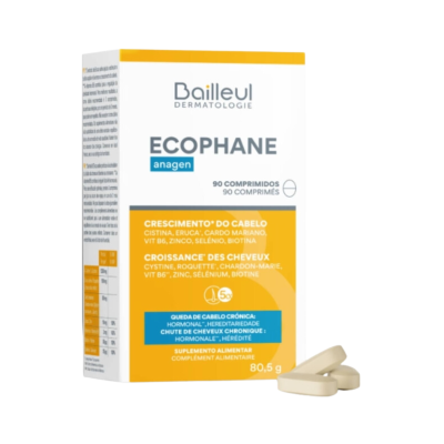 Embalagem de suplemento alimentar Ecophane anagen com 90 comprimidos e comprimidos bege à frente