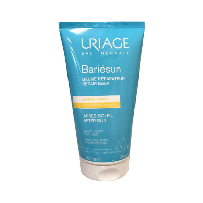 Tubo azul e branco de bálsamo reparador Uriage Bariésun após-sol 150 ml