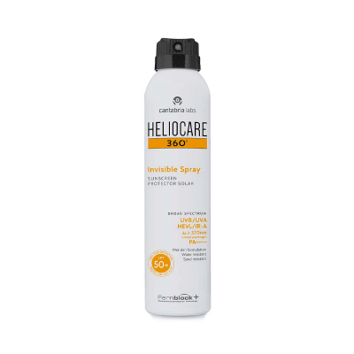 Spray protetor solar branco HELIOCARE 360° Invisible Spray com tampa preta