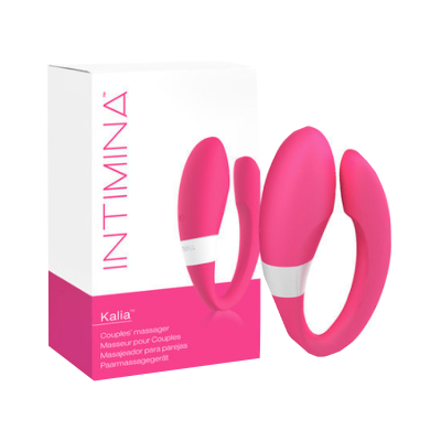 Massajador para casais cor-de-rosa e branco com embalagem exibindo várias línguas