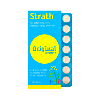 Embalagem azul e amarela de suplemento Strath Original Superfood com 100 comprimidos