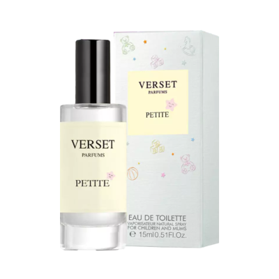 Frasco de perfume Verset Parfums Petite com embalagem e texto descritivo