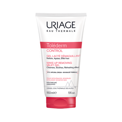 Gel de limpeza para remover maquilhagem Uriage Toléderm Control em tubo branco e rosa