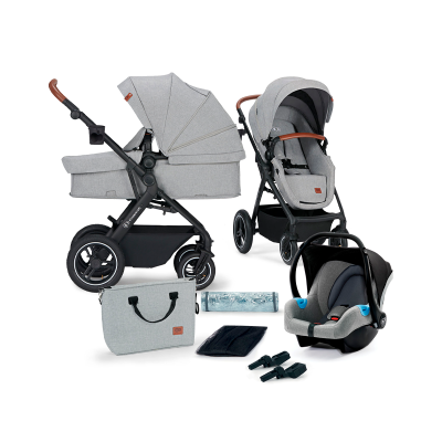 Conjunto de carrinhos e acessórios para bebé cinzentos com estrutura preta