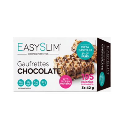 Embalagem braca de gaufrettes de chocolate EasySlim com texto colorido e imagem do produto