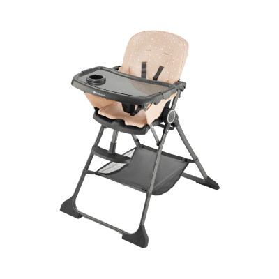 Cadeira alta para bebé bege e cinza escuro com bandeja preta e cinto de segurança