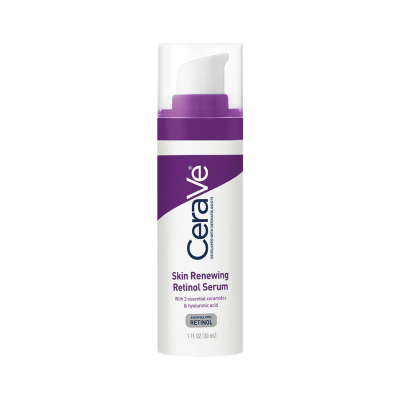 Frasco branco e roxo de sérum facial CeraVe com doseador